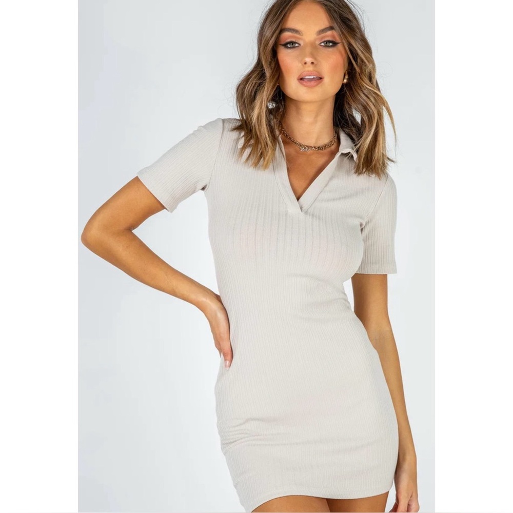 Princess Polly Cream Ribbed Polo Mini Dress